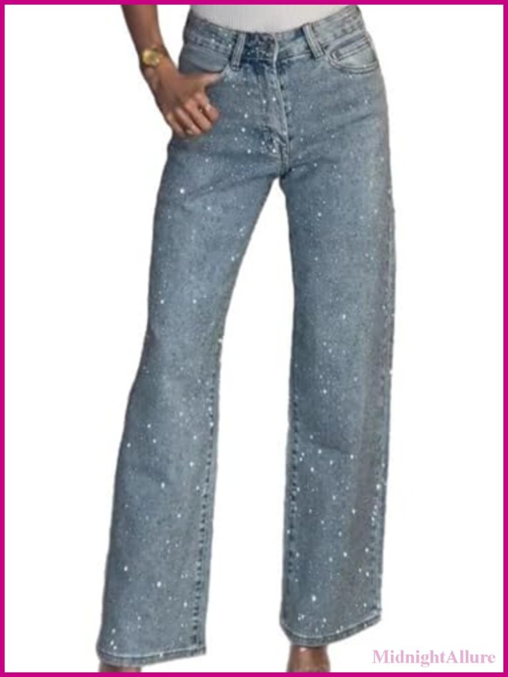 High Waist Straight Leg Rhinestone Pearl Embellished Jeans